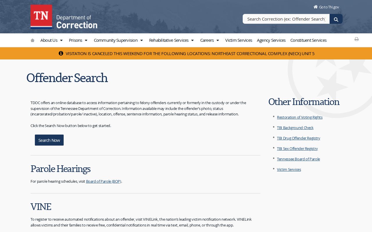TDOC FOIL and VINE channels for Anderson County arrest record research