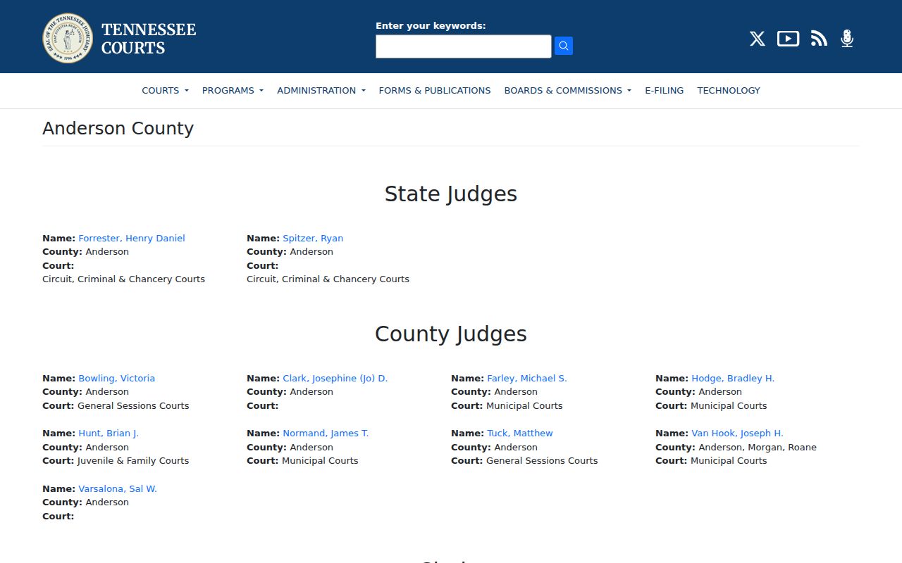 Tennessee judicial directory for Anderson County criminal court cases