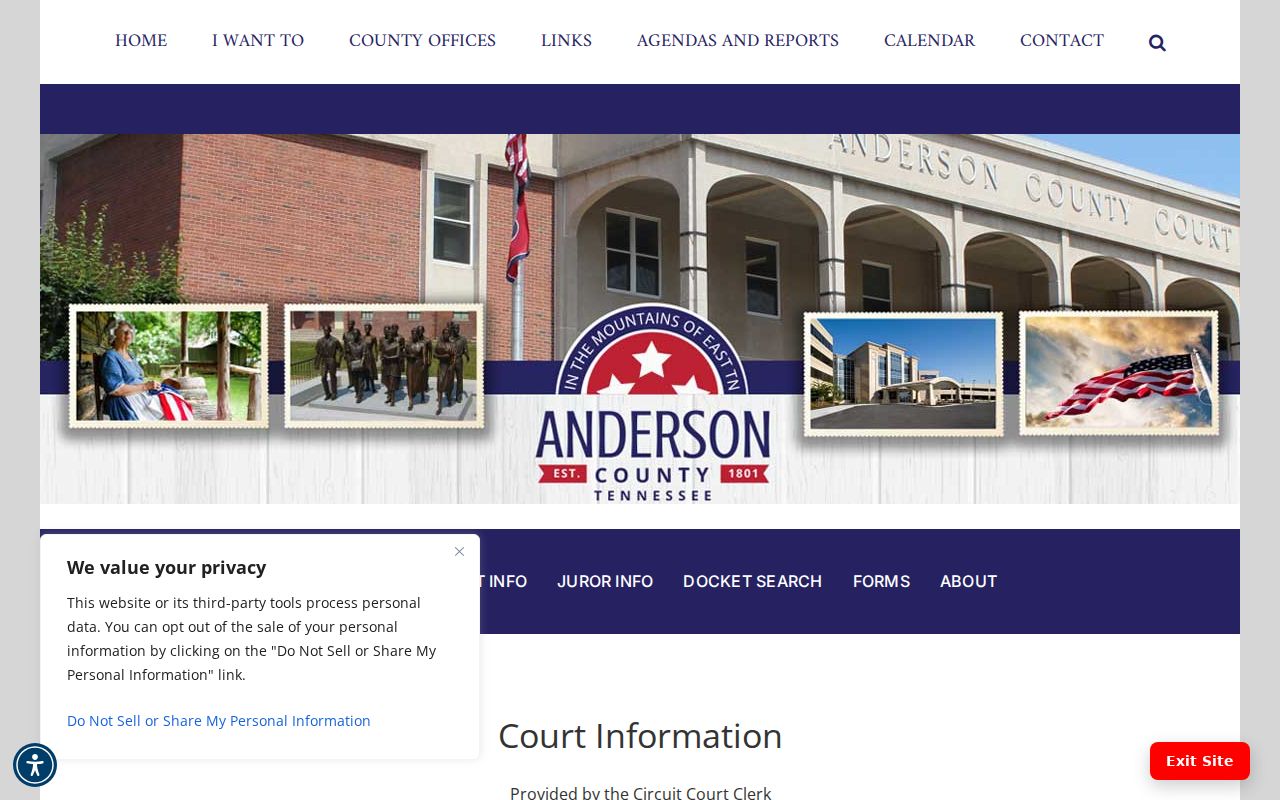 Anderson County court case lookup on the Circuit Court Clerk page