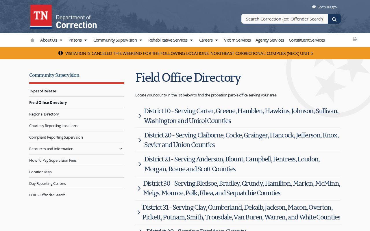 Community supervision office directory for Rocky Top criminal records