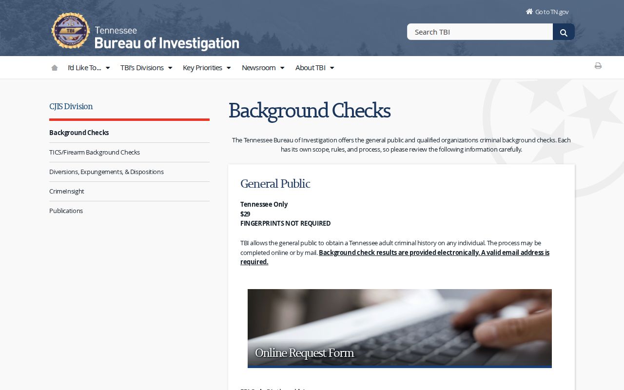 TBI official Anderson County criminal history check channels